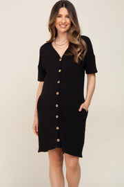 Black Button Accent Short Sleeve Maternity Dress