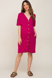 Magenta Button Accent Short Sleeve Maternity Dress