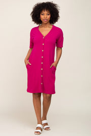 Magenta Button Accent Short Sleeve Dress