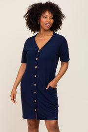 Navy Button Accent Short Sleeve Dress