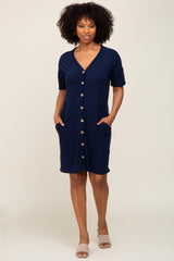 Navy Button Accent Short Sleeve Dress