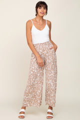 Taupe Leaf Print Wide Leg Pants