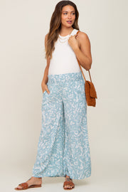 Light Blue Leaf Print Wide Leg Maternity Pants