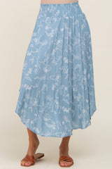 Blue Floral Smocked Round Hem Midi Skirt