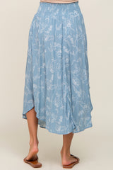 Blue Floral Smocked Round Hem Midi Skirt