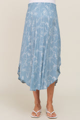 Blue Floral Smocked Round Hem Maternity Midi Skirt