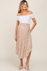 Taupe Floral Smocked Round Hem Maternity Midi Skirt