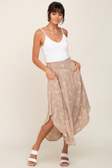 Taupe Floral Smocked Round Hem Midi Skirt