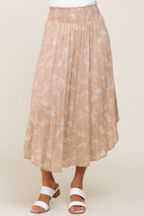 Taupe Floral Smocked Round Hem Midi Skirt