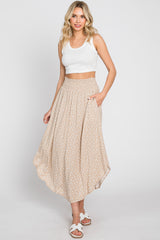 Beige Leaf Print Smocked Midi Skirt