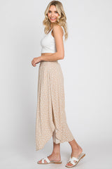 Beige Leaf Print Smocked Midi Skirt