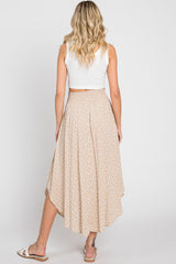 Beige Leaf Print Smocked Midi Skirt