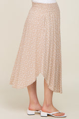 Beige Leaf Print Smocked Maternity Midi Skirt