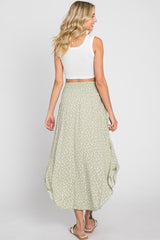 Light Olive Leaf Print Smocked Midi Skirt