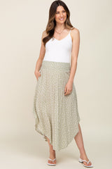 Light Olive Leaf Print Smocked Maternity Midi Skirt