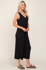 Black Ribbed V-Neck Button Front Crop Jumpsuit