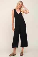 Black Ribbed V-Neck Button Front Crop Jumpsuit