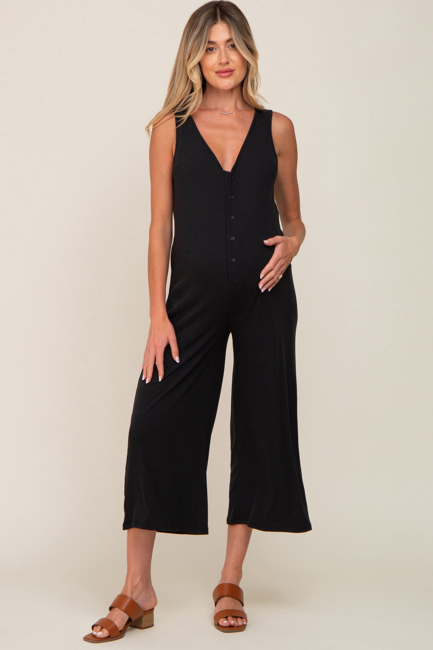 Black Ribbed V-Neck Button Front Crop Maternity Jumpsuit– PinkBlush