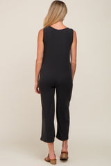 Black Ribbed V-Neck Button Front Crop Maternity Jumpsuit