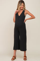 Black Ribbed V-Neck Button Front Crop Maternity Jumpsuit