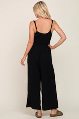 Black Smocked Square Neck Sleeveless Linen Jumpsuit