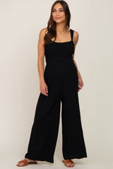 Black Smocked Square Neck Sleeveless Linen Maternity Jumpsuit