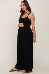 Black Smocked Square Neck Sleeveless Linen Maternity Jumpsuit