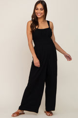 Black Smocked Square Neck Sleeveless Linen Maternity Jumpsuit