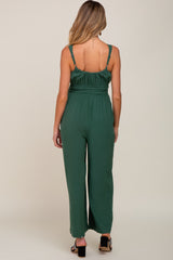 Green Smocked Square Neck Sleeveless Linen Maternity Jumpsuit