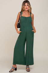 Green Smocked Square Neck Sleeveless Linen Maternity Jumpsuit