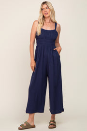 Navy Blue Smocked Square Neck Sleeveless Linen Jumpsuit