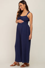 Navy Blue Smocked Square Neck Sleeveless Linen Maternity Jumpsuit