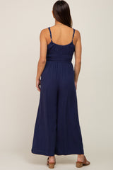 Navy Blue Smocked Square Neck Sleeveless Linen Maternity Jumpsuit