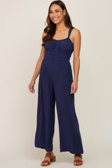 Navy Blue Smocked Square Neck Sleeveless Linen Maternity Jumpsuit