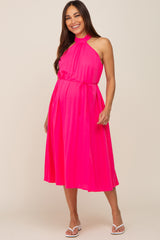 Pink Pleated Halter Maternity Midi Dress