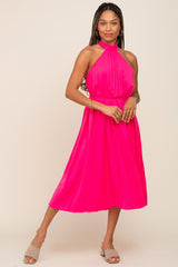 Pink Pleated Halter Maternity Midi Dress