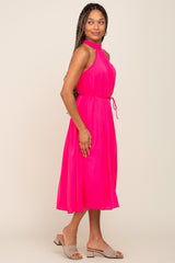 Pink Pleated Halter Midi Dress