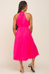 Pink Pleated Halter Midi Dress