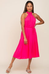 Pink Pleated Halter Midi Dress