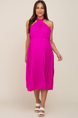 Magenta Pleated Halter Maternity Midi Dress