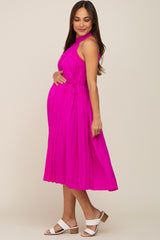 Magenta Pleated Halter Maternity Midi Dress