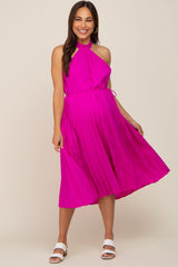 Magenta Pleated Halter Maternity Midi Dress