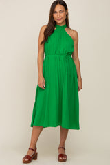 Green Pleated Halter Maternity Midi Dress