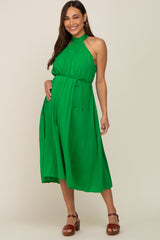 Green Pleated Halter Maternity Midi Dress