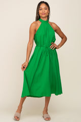 Green Pleated Halter Maternity Midi Dress