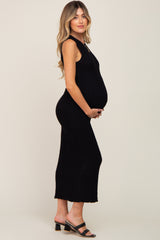 Black Cable Knit Sleeveless Maternity Midi Sweater Dress