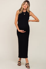 Black Cable Knit Sleeveless Maternity Midi Sweater Dress