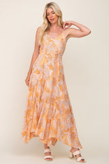 Yellow Palm Print Front Tie Maxi Dress