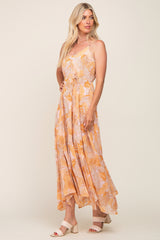 Yellow Palm Print Front Tie Maxi Dress