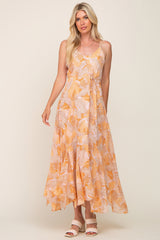 Yellow Palm Print Front Tie Maxi Dress